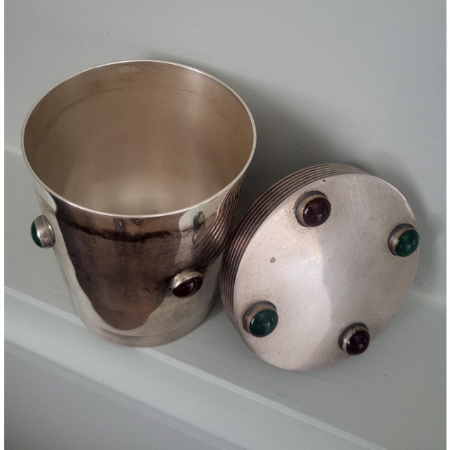 Modern French Art Deco Silver-Plated Jar with Vermeil & Hardstone Cabochons by Primavera, 1935 For Sale - Image 3 of 5