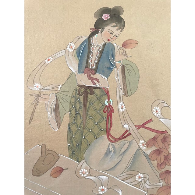 Wood 1970s Chinese Poem Autum Leaf Goddes Art Dynasty Signed Painting on Silk For Sale - Image 7 of 8