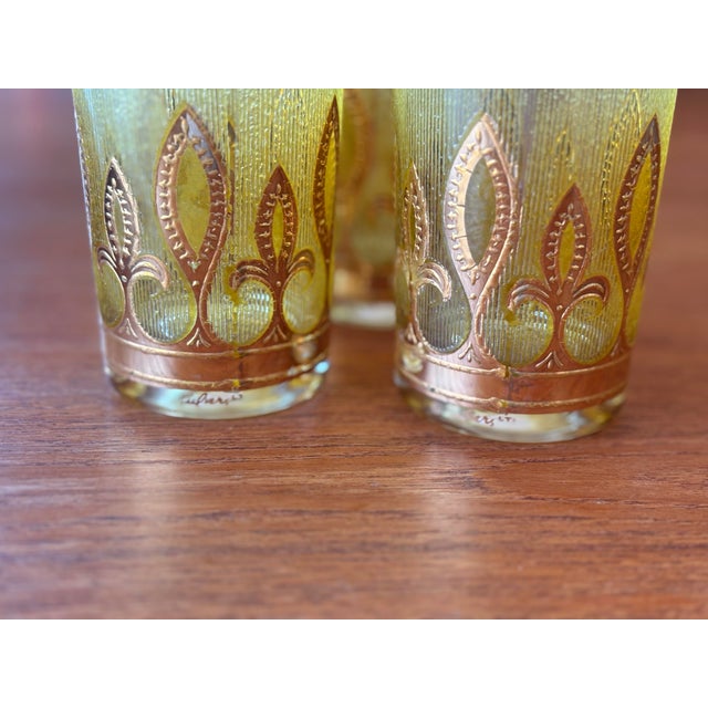 Mid-Century Modern 1970s Yellow 22k Gold Signed Culver Glassware Set of 4 Highball For Sale - Image 3 of 10