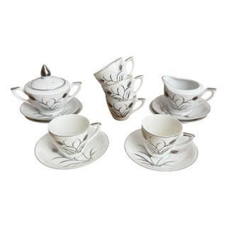 Mid 20th Century Lefton Platinum Wheat Hand Painted Demitasse Tea Coffee Sugar Creamer Set of 13 For Sale