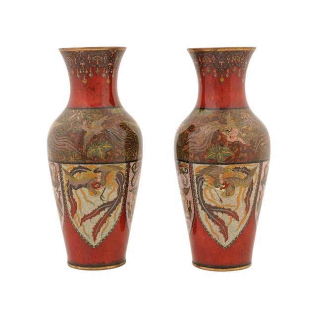 Metal Japanese Cloisonne Enamel Meiji Translucent Red Dragon Vases, Honda School For Sale - Image 7 of 7