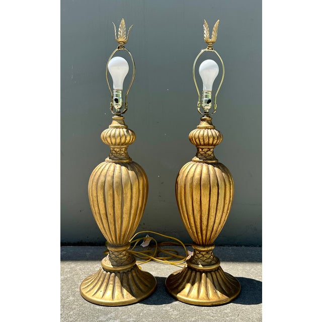 Palatial Italian Lamps Heavy Cast Plaster Gilt Gold Baluster Vase Form Table Lamps - a Pair For Sale - Image 13 of 18