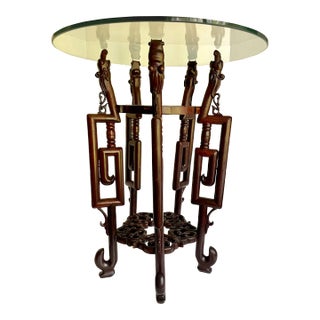 Mid 20th Century Asian Rosewood Hongmu Dragon Glass Side Table For Sale