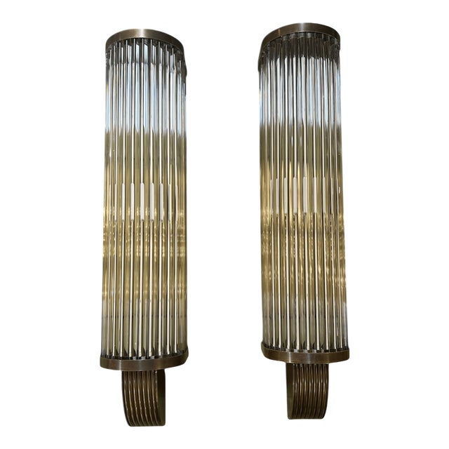 Pair of Vintage Italian Art Deco Wall Sconces in Bronze and Glass For Sale
