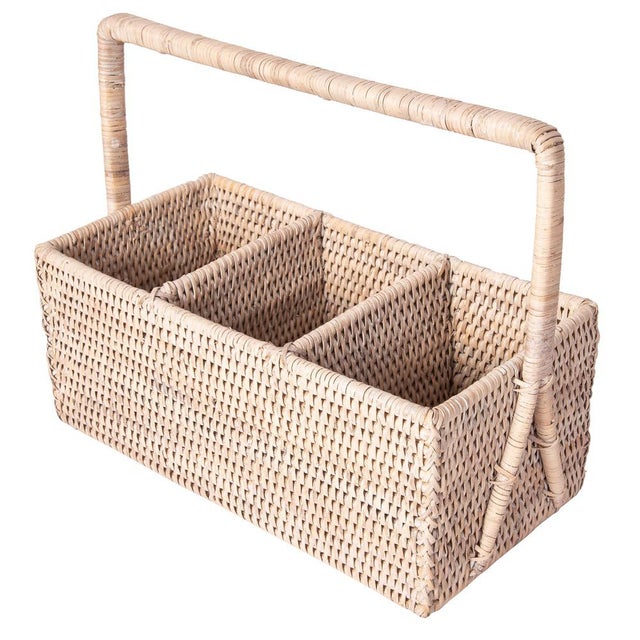 White Artifacts Rattan 3 Section Caddy/Cutlery Holder with Handle in White Wash For Sale - Image 8 of 10