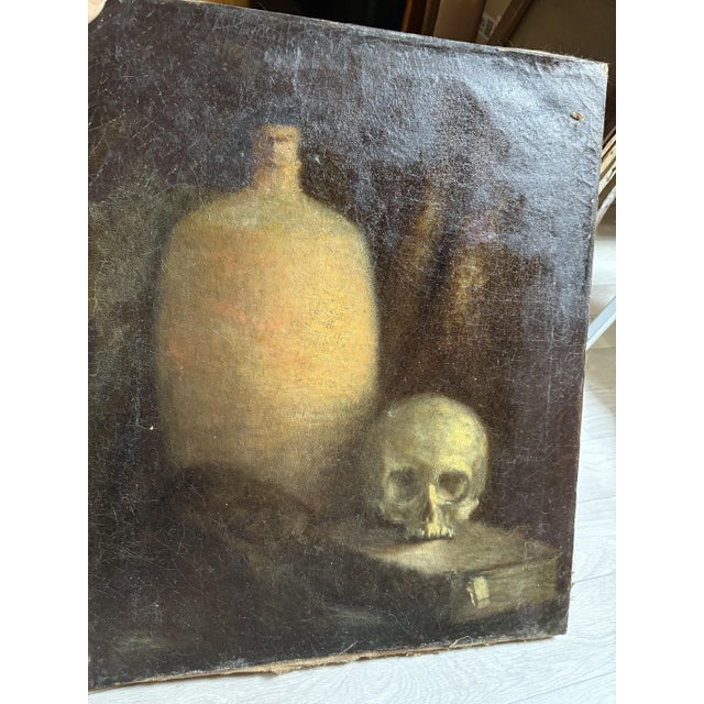 Still Life with Skull & Vase, 19th Century, Oil on Canvas For Sale - Image 4 of 4
