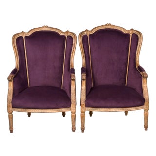 Ponteuse Louis XV Style Bergeres With New Aubergine Velvet Upholstery - Pair For Sale