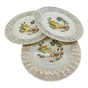 Vintage Limoges American China, 22 Kt Gold Chateau-France, Dinner Plate 9.75”, Set of 3