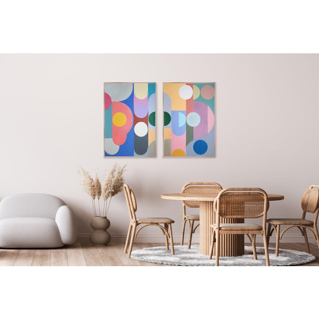 2026, Art Deco Diagrams Painting, Vivid Tones Geometric Shapes Diptych, Acrylic Paint on Watercolor Paper by Natalia Roman For Sale - Image 4 of 10