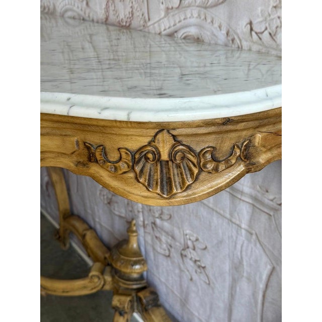 Wood French Louis XV Style Carved Giltwood Console Table With White Marble Top For Sale - Image 7 of 15