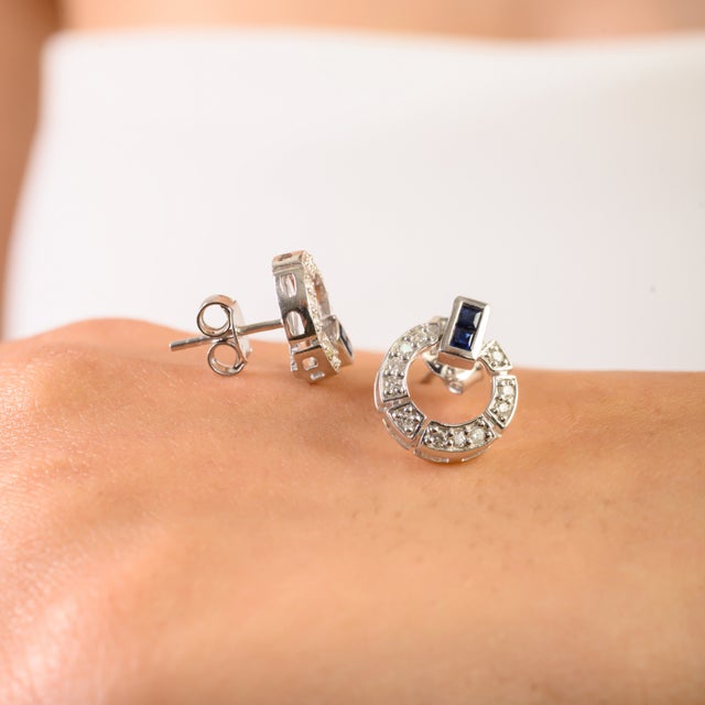 Metal Art Deco Inspired Sterling Silver Diamond & Sapphire Blue Push Back Earrings- A Pair For Sale - Image 7 of 10