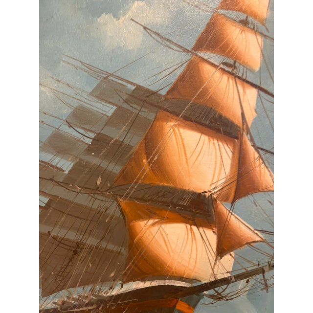 Sky Blue Vintage Coastal Nautical Original & Signed Clipper Ship Sailboat Oil Painting For Sale - Image 8 of 13