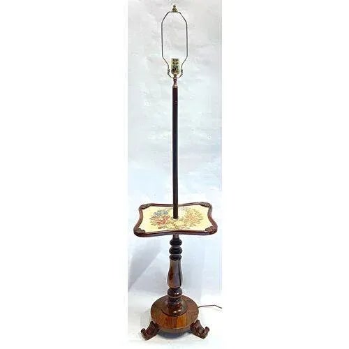 English Vintage Floral Needlepoint Floor Lamp With Table For Sale - Image 3 of 11