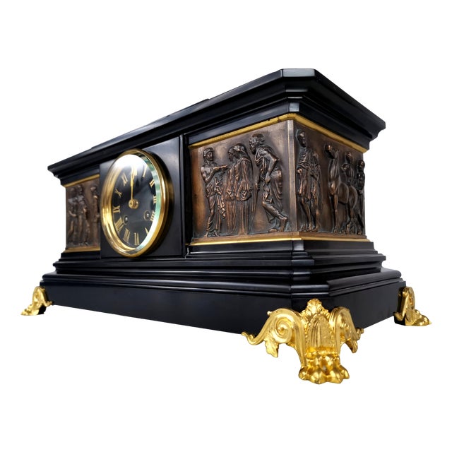 Antique French Bronze and Marble Mantel Clock by Ferdinand Barbedienne, 19th Century For Sale