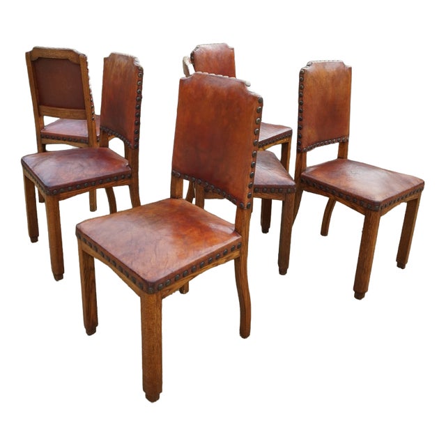 Antique Dutch Art Deco Leather Dining Chairs, 1920s, Set of 6 For Sale