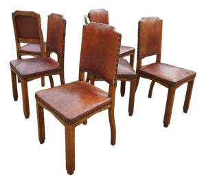 Antique Dutch Art Deco Leather Dining Chairs, 1920s, Set of 6