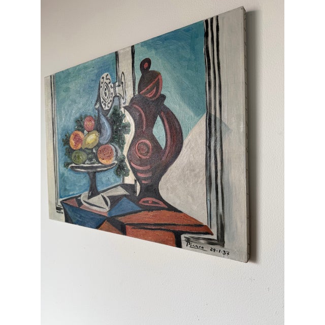 Mid-Century Modern Vintage Pablo Picasso “Compote Dish and Pitcher by Window” 1937 Reproduction Oil on Canvas Painting, Unframed For Sale - Image 3 of 12