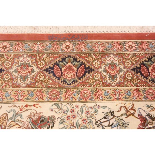 Nazmiyal Collection 1950s Pictorial Hunting Scene Vintage Persian Silk Qum Rug For Sale - Image 4 of 8
