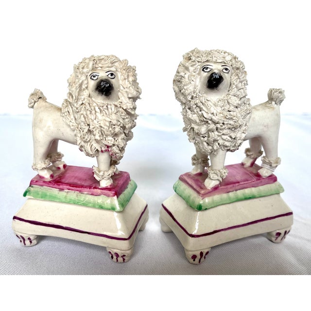 Victorian Antique Victorian Staffordshire Spaghetti Poodles on Pillow Bases - A Pair For Sale - Image 3 of 16