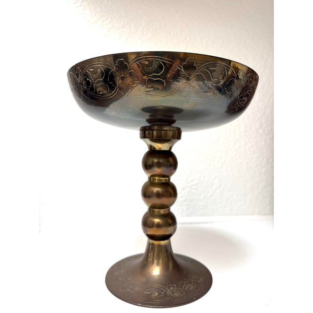 Vintage Etched French Floral Brass Pedestal Bowl For Sale - Image 4 of 11