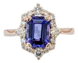 1.58cts Tanzanite Diamond Ring With Diamond Halo in 14k Gold | Emerald Cut 8x6mm