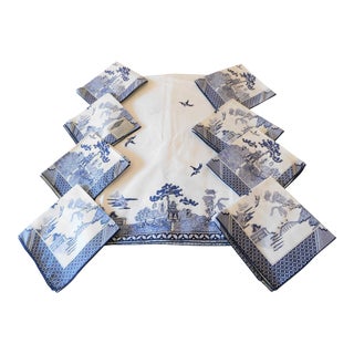 1940s Blue and White Chinoiserie Leacock Cotton Tablecloth and Napkin Set- 9 Pieces For Sale