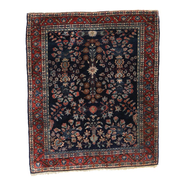 Antique Navy Blue Persian Mohajeran Sarouk Rug - 03'03 X 03'10 For Sale