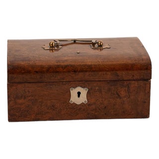 Antique English Burl Wood Sewing Box With Brass Top Handle For Sale