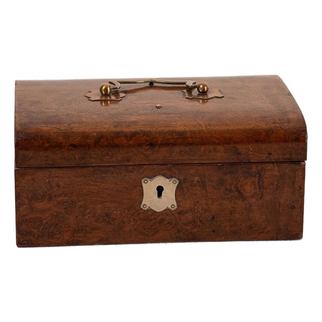 Antique English Burl Wood Sewing Box With Brass Top Handle For Sale