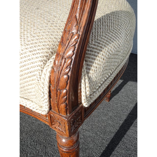 Vintage French Provincial Burlap Linen Side Arm Chair W Ornate Frame For Sale - Image 9 of 15