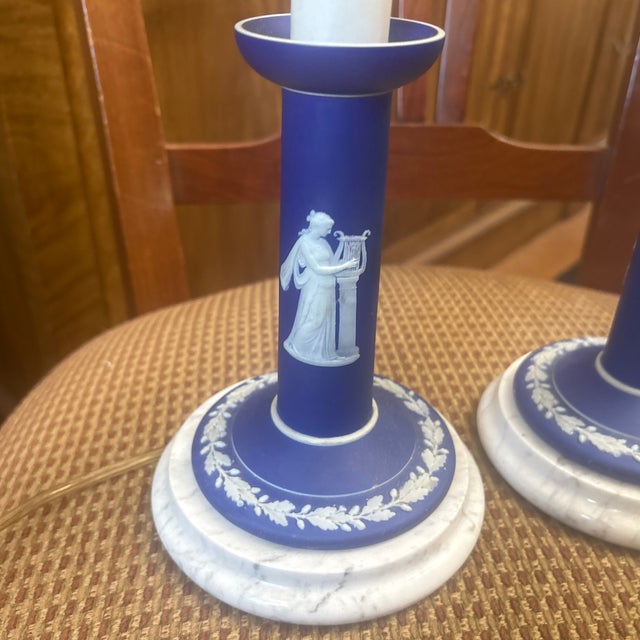 1970s 1970s Wedgwood Blue Candlestick Lamps - a Pair For Sale - Image 5 of 7