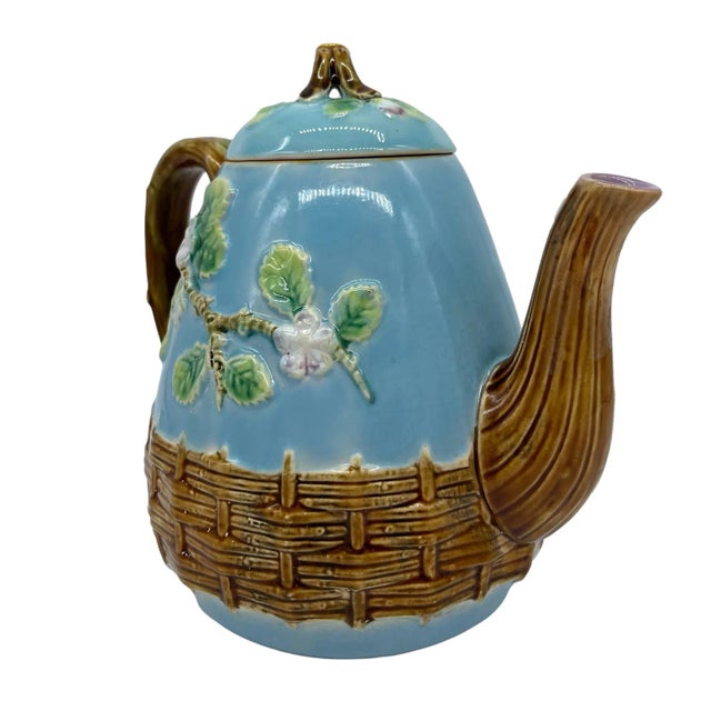 Ceramic George Jones Majolica 'Apple Blossom' Teapot Basketweave on Turquoise, Ca. 1873 For Sale - Image 7 of 13