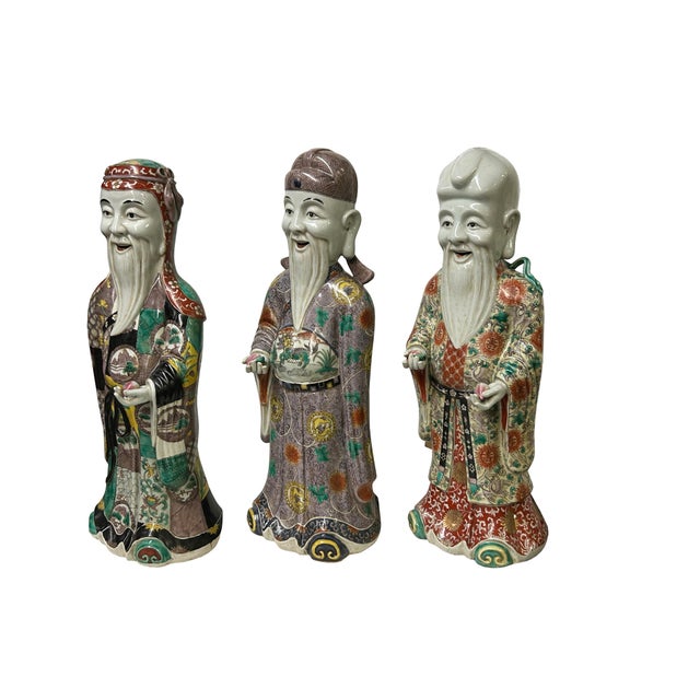 Chinese Canton Color Mixed Feng Shui Fok, Lok, Sau Figure Set For Sale - Image 4 of 13