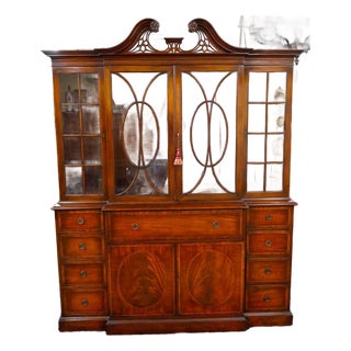 Mid 20th Century Grosfeld House Flame Mahogany Inlaid China Cabinet Bookcase Breakfront For Sale