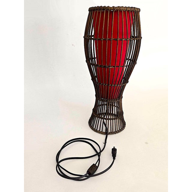 Charlotte Perriand Vintage Rattan Cage Lamp With Ruby Red Shade For Sale - Image 4 of 12