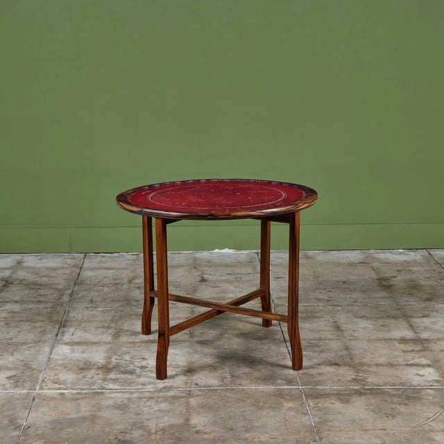 Brown Round Red Leather-Top Occasional Table For Sale - Image 8 of 15