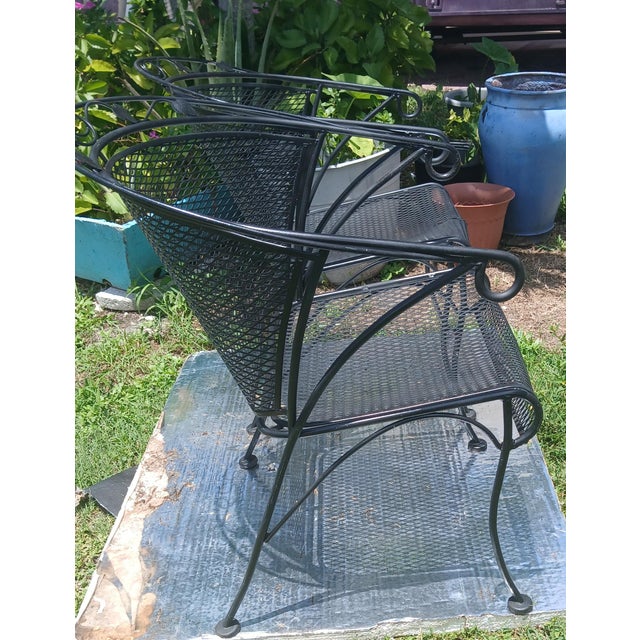 Russell Woodard Vintage 50s Russell Woodard Wrought Iron Mesh Barrel Armchairs - A Pair, Attributed For Sale - Image 4 of 9