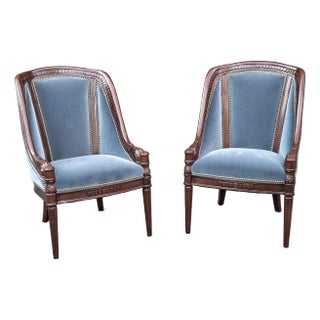 Pair of Hancock & Moore Georgian Style Mahogany and Blue Velvet Upholstered Chairs For Sale