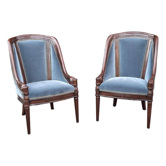 Pair of Hancock & Moore Georgian Style Mahogany and Blue Velvet Upholstered Chairs For Sale