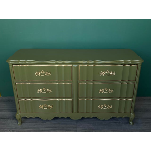 French Provincial 1970's French Provincial Olive Green Lacquered Dresser of Six Drawers For Sale - Image 3 of 11