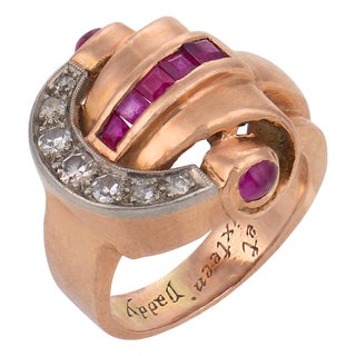1940s Retro Synthetic Ruby Diamond 14k Rose Gold Tank Ring, Size 12.5 For Sale