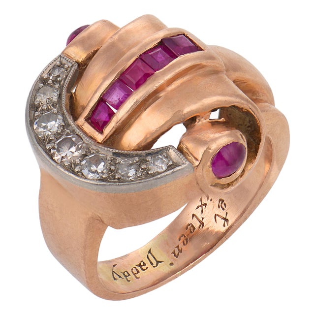 1940s Retro Synthetic Ruby Diamond 14k Rose Gold Tank Ring, Size 12.5 For Sale