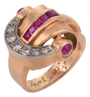 1940s Retro Synthetic Ruby Diamond 14k Rose Gold Tank Ring, Size 12.5