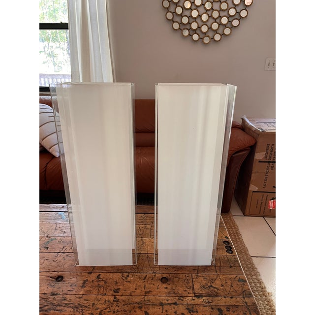 Plastic 1990s Pablo Designs San Francisco Frosted Lucite Architectural Table Lamps - a Pair For Sale - Image 7 of 12
