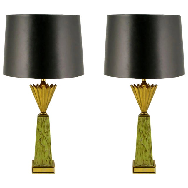 Pair of Brass Crown and Sage Lacquer Obelisk Table Lamps Attributed to Stiffel For Sale