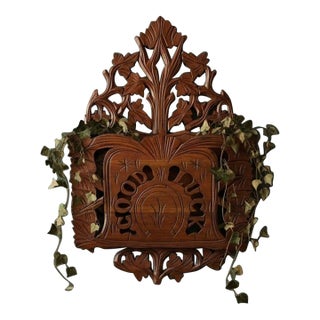 Victorian Carved Wood Wall Pocket-Horseshoe-Good Luck-Folk Art Hanging-Antique For Sale