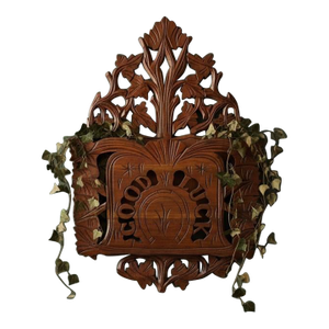 Victorian Carved Wood Wall Pocket-Horseshoe-Good Luck-Folk Art Hanging-Antique