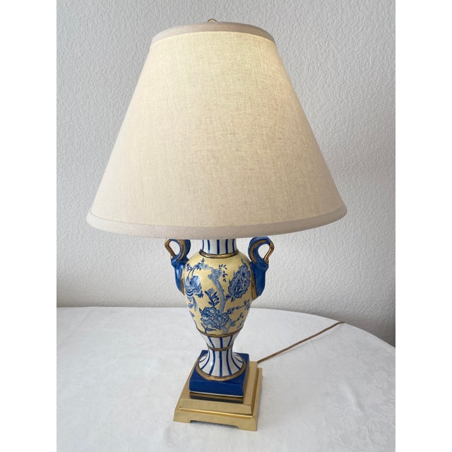 Exquisite Blue, Yellow, & White Floral & Striped Porcelain/Ceramic Urn/Vase Style With Brass Base and Upper Lamp Excellent Condition For Sale - Image 14 of 14