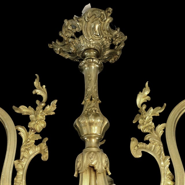 Rococo Antique French Art Nouveau Bronze 4-Light Chandelier with Frosted Glass Tulip Flower Shades and Acanthus Leaves, 1890s For Sale - Image 3 of 18