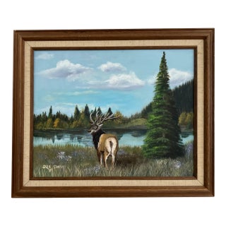 Sue Swan – Original Oil on Panel Stag Landscape Painting, 1989 For Sale
